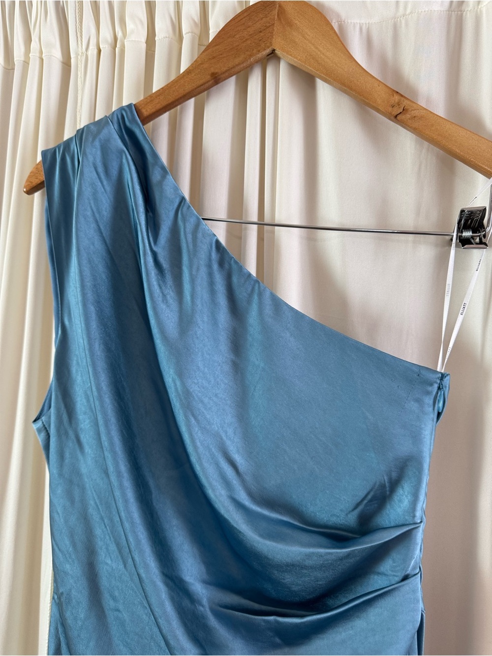 Eliatt Cassini One-Shoulder Blue Satin Midi Dress with Side Slit Size Small NEW - Picture 3 of 9
